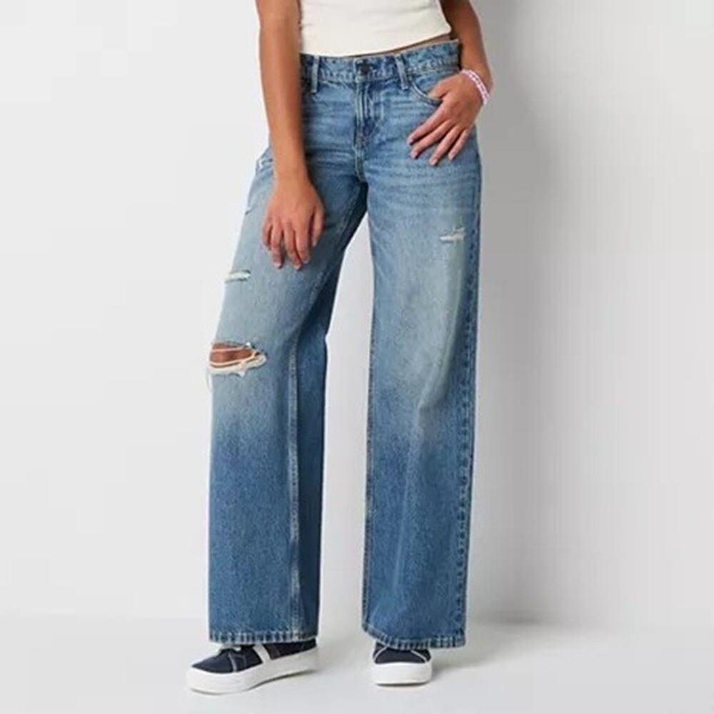 Arizona Jean size 14 Baggy Jeans Super Low Rise Blue Distressed Denim Wide Leg